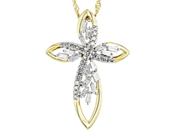 Picture of Pre-Owned White Diamond 14k Yellow Gold Cross Slide Pendant With Singapore Chain 0.33ctw