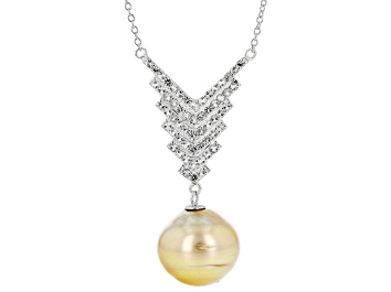 Picture of Pre-Owned Golden Cultured South Sea Pearl and White Topaz Rhodium Over Sterling Silver 20 Inch Neckl