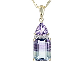 Pre-Owned Bi Color Fluorite, Amethyst And White Diamond 14k Yellow Gold Pendant With Chain 4.25ctw