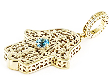 Pre-Owned Swiss Blue Topaz 18k Yellow Gold Over Sterling Silver Hamsa Pendant 0.15ctw
