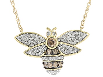 Picture of Pre-Owned Champagne And White Diamond 10k Yellow Gold Bee Necklace 0.38ctw