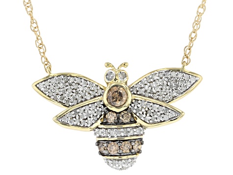 Pre-Owned Champagne And White Diamond 10k Yellow Gold Bee Necklace 0.38ctw
