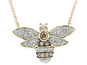 Pre-Owned Champagne And White Diamond 10k Yellow Gold Bee Necklace 0.38ctw
