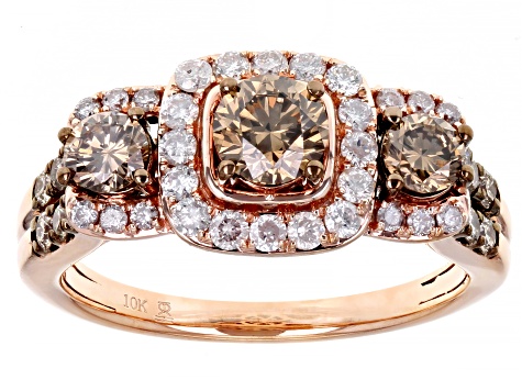 Pre-Owned Champagne And White Diamond 10k Rose Gold 3-Stone Halo Ring 1.50ctw