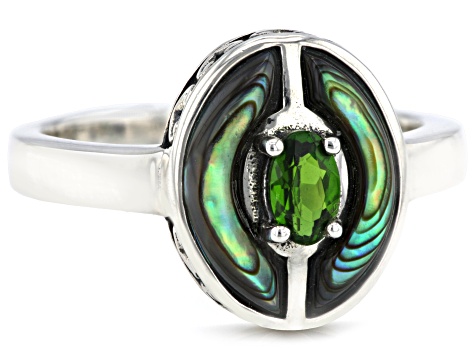 Pre-Owned Multi-Color Abalone Shell & Chrome Diopside Rhodium Over Silver Ring .26ct