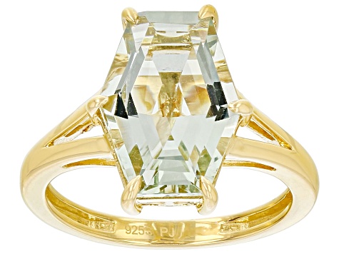Pre-Owned Elongated Hexagon Prasiolite 18k Yellow Gold Over Sterling Silver Ring 3.72ctw