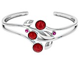 Pre-Owned Red Coral and Lab Created Ruby Rhodium Over Sterling Silver Leaf Cuff Bracelet 0.24ctw