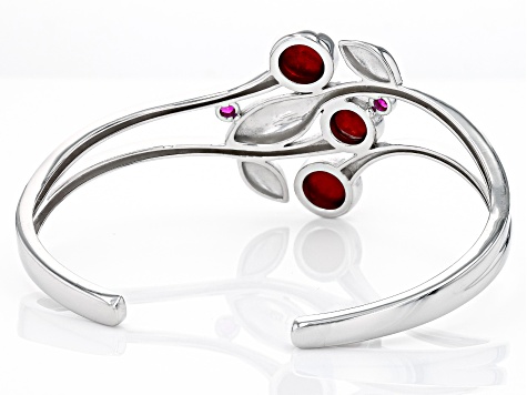 Pre-Owned Red Coral and Lab Created Ruby Rhodium Over Sterling Silver Leaf Cuff Bracelet 0.24ctw