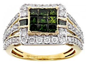 Pre-Owned Green Diamond And White Diamond 10k Yellow Gold Quad Ring 1.65ctw