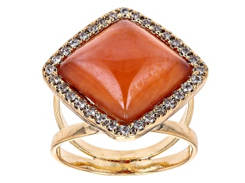 Picture of Pre-Owned Red Carnelian and White Cubic Zirconia 18K Yellow Gold Over Brass Ring