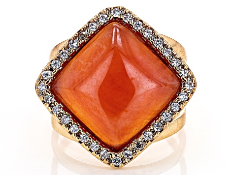 Pre-Owned Red Carnelian and White Cubic Zirconia 18K Yellow Gold Over Brass Ring