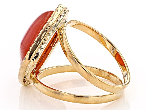 Pre-Owned Red Carnelian and White Cubic Zirconia 18K Yellow Gold Over Brass Ring