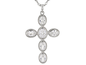 Picture of Pre-Owned White Cubic Zirconia Rhodium Over Sterling Silver Cross Pendant With Chain 4.92ctw