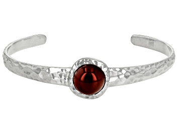 Picture of Pre-Owned Red Carnelian Rhodium Over Sterling Silver July Birthstone Hammered Cuff Bracelet