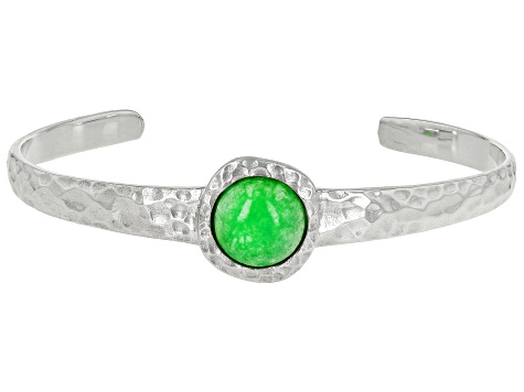 Pre-Owned Green Jadeite Rhodium Over Sterling Silver August Birthstone Hammered Cuff Bracelet