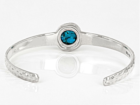 Pre-Owned Blue Turquoise Rhodium Over Sterling Silver December Birthstone Hammered Cuff Bracelet