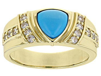 Picture of Pre-Owned Blue Sleeping Beauty Turquoise With White Zircon 10k Yellow Gold Men's Ring 0.76ctw
