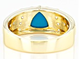 Pre-Owned Blue Sleeping Beauty Turquoise With White Zircon 10k Yellow Gold Men's Ring 0.76ctw