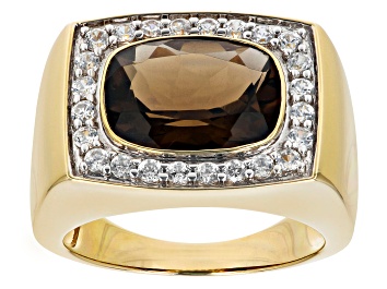 Picture of Pre-Owned Brown Rectangular Cushion Smoky Quartz 10k Yellow Gold Men's Ring 5.81ctw