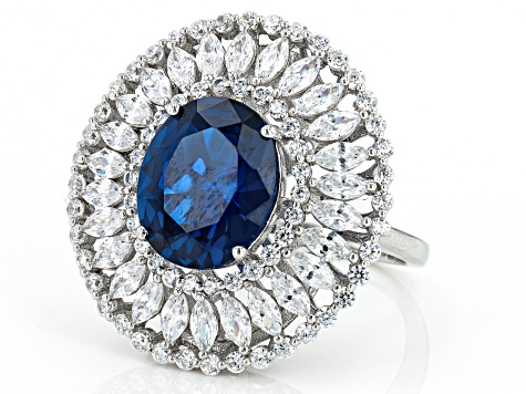 Pre-Owned Lab Created Blue Spinel And White Cubic Zirconia Rhodium Over Sterling Silver Ring 9.52ctw
