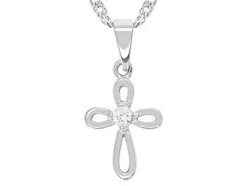 Picture of Pre-Owned White Lab Created Sapphire Rhodium Over Sterling Silver Children's Cross Pendant/Chain .06