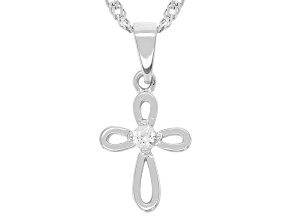 Pre-Owned White Lab Created Sapphire Rhodium Over Sterling Silver Children's Cross Pendant/Chain .06