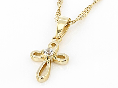 Pre-Owned White Lab Created Sapphire 18k Yellow Gold Over Sterling Silver Children's Cross Pendant/C