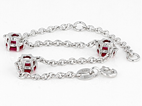 Pre-Owned Red Lab Created Ruby Rhodium Over Sterling Silver Childrens Birthstone Bracelet 1.50ctw