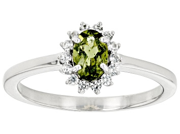 Picture of Pre-Owned Green Moldavite Rhodium Over Sterling Silver Halo Ring 0.40ctw