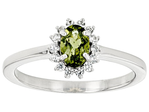 Pre-Owned Green Moldavite Rhodium Over Sterling Silver Halo Ring 0.40ctw