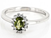 Pre-Owned Green Moldavite Rhodium Over Sterling Silver Halo Ring 0.40ctw