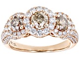 Pre-Owned Champagne And White Diamond 10k Rose Gold 3-Stone Halo Ring 2.00ctw