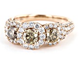 Pre-Owned Champagne And White Diamond 10k Rose Gold 3-Stone Halo Ring 2.00ctw