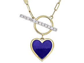 Pre-Owned White Diamond Accent And Blue Ceramic 10k Yellow Gold Toggle Design Heart Necklace