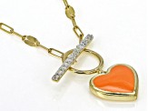 Pre-Owned White Diamond Accent And Orange Ceramic 10k Yellow Gold Toggle Design Heart Necklace