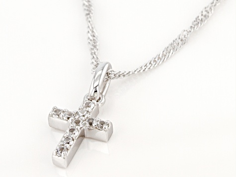 Pre-Owned White Lab Created Sapphire Rhodium Over Silver Childrens Cross Pendant With Chain 0.17ctw