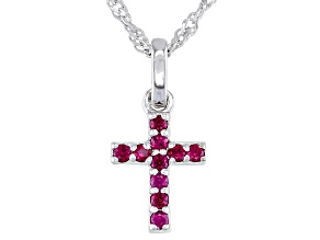 Pre-Owned Red Lab Created Ruby Rhodium Over Silver Childrens Cross Pendant With Chain .17ctw