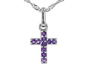 Pre-Owned Purple Amethyst Rhodium Over Silver Childrens Cross Pendant With Chain 0.12ctw