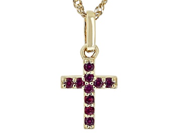 Picture of Pre-Owned Red Lab Created Ruby 18k Yellow Gold Over Silver Children's Cross Pendant with Chain .17ct