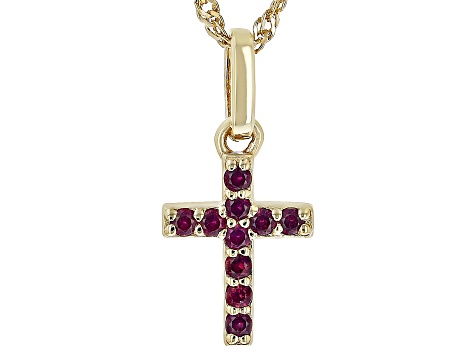 Pre-Owned Red Lab Created Ruby 18k Yellow Gold Over Silver Children's Cross Pendant with Chain .17ct