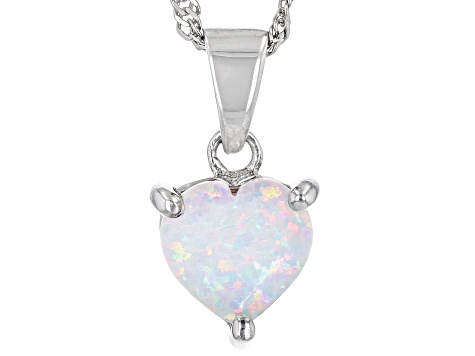 Pre-Owned White Lab Created Opal Rhodium Over Sterling Silver Childrens Birthstone Pendant With Chai