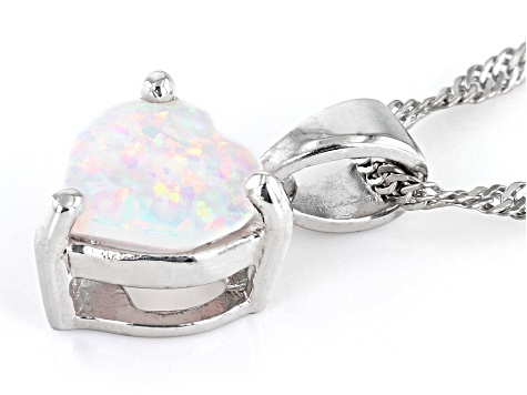 Pre-Owned White Lab Created Opal Rhodium Over Sterling Silver Childrens Birthstone Pendant With Chai