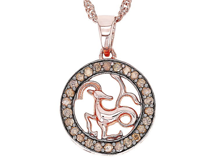 Pre-Owned Champagne Diamond 14k Rose Gold Over Sterling Silver Capricorn Pendant With 18" Chain 0.25