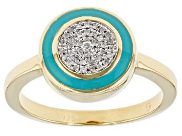 Picture of Pre-Owned White Diamond Accent And Teal Enamel 14k Yellow Gold Over Sterling Silver Cluster Ring