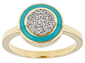 Pre-Owned White Diamond Accent And Teal Enamel 14k Yellow Gold Over Sterling Silver Cluster Ring