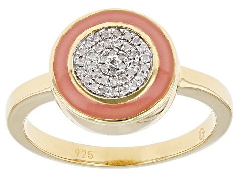 Pre-Owned White Diamond Accent And Pink Enamel 14k Yellow Gold Over Sterling Silver Cluster Ring