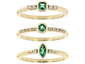 Pre-Owned Zambian Emerald And White Diamond 14k Yellow Gold Set of 3 Stackable Rings 0.46ctw