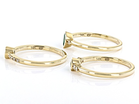 Pre-Owned Zambian Emerald And White Diamond 14k Yellow Gold Set of 3 Stackable Rings 0.46ctw