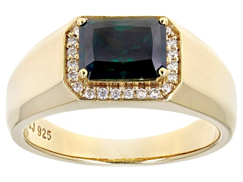 Pre-Owned Green and colorless moissanite 14k yellow gold over silver mens ring 2.98ctw DEW.