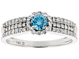 Pre-Owned White And Blue Lab-Grown Diamond 14k White Gold Halo Ring 0.60ctw